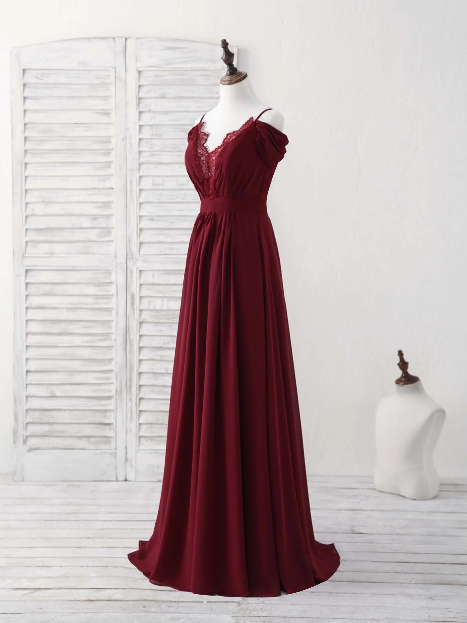 Burgundy Lace Chiffon Long Prom Dress Burgundy Bridesmaid Dress - Deanwangkt
