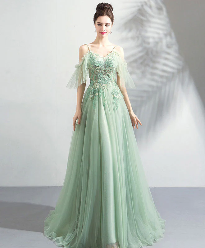 Green Tulle Off Shoulder Long Prom Dress, Green Tulle Evening Dress - Deanwangkt