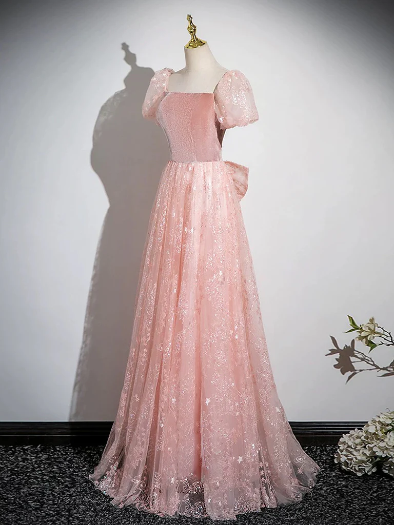 A-Line Tulle Lace Velvet Pink Long Prom Dress, Pink Long Formal Dress - Deanwangkt