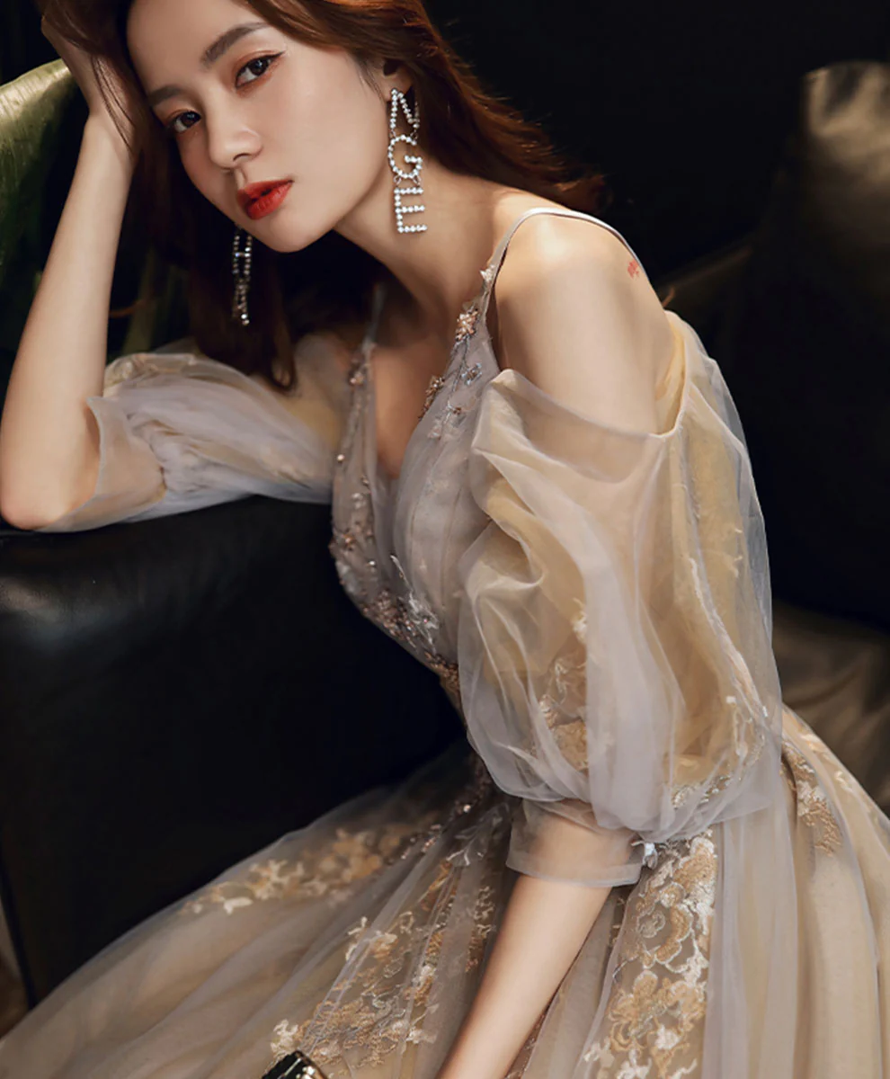 Champagne v neck tulle lace long prom dress champagne formal dress - Deanwangkt