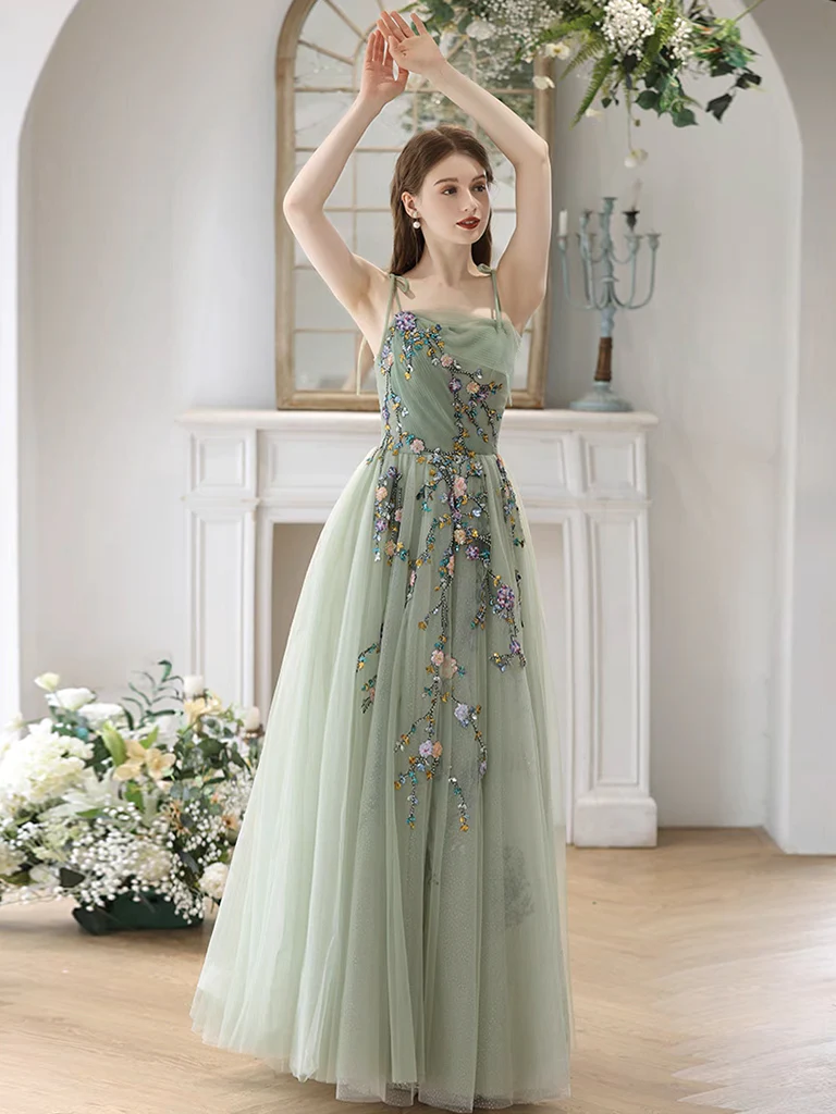 A-Line Tulle Sequin Lace Green Long Prom Dress, Green Long Formal Dress - Deanwangkt