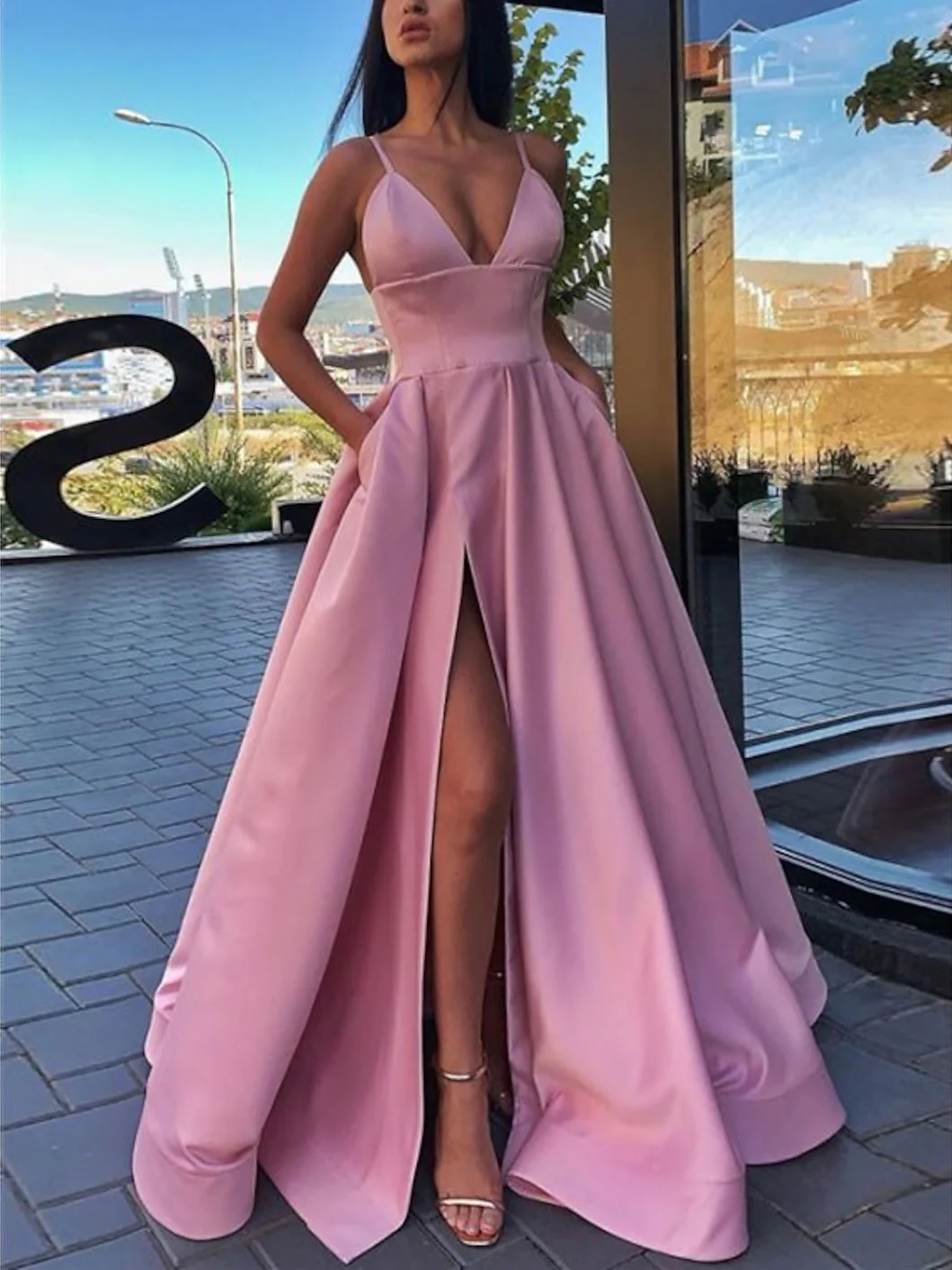 Simple A-line V Neck Satin Long Prom Dress, Satin Graduation Dresses - Deanwangkt