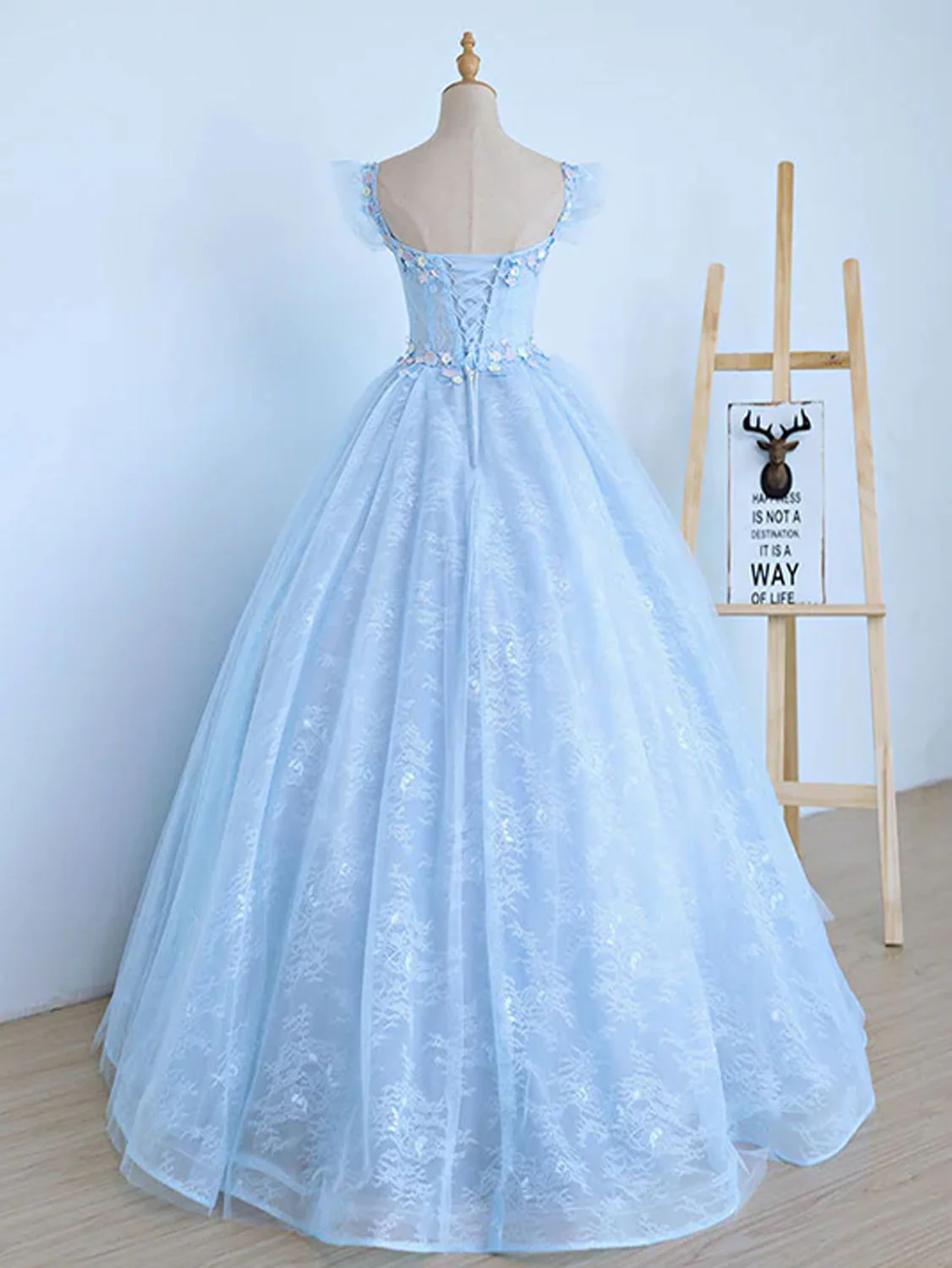 Blue A-Line Tulle Lace Long Prom Dresses, Blue Lace Formal Evening Dresses - Deanwangkt