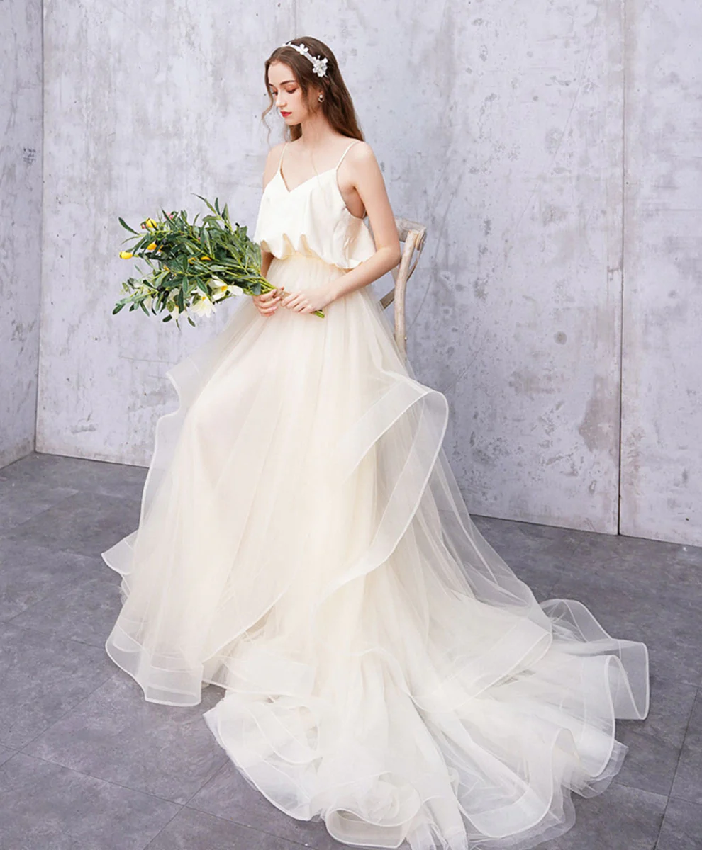 Light Champagne Tulle Long Prom Dress Champagne Tulle Formal Dress - Deanwangkt