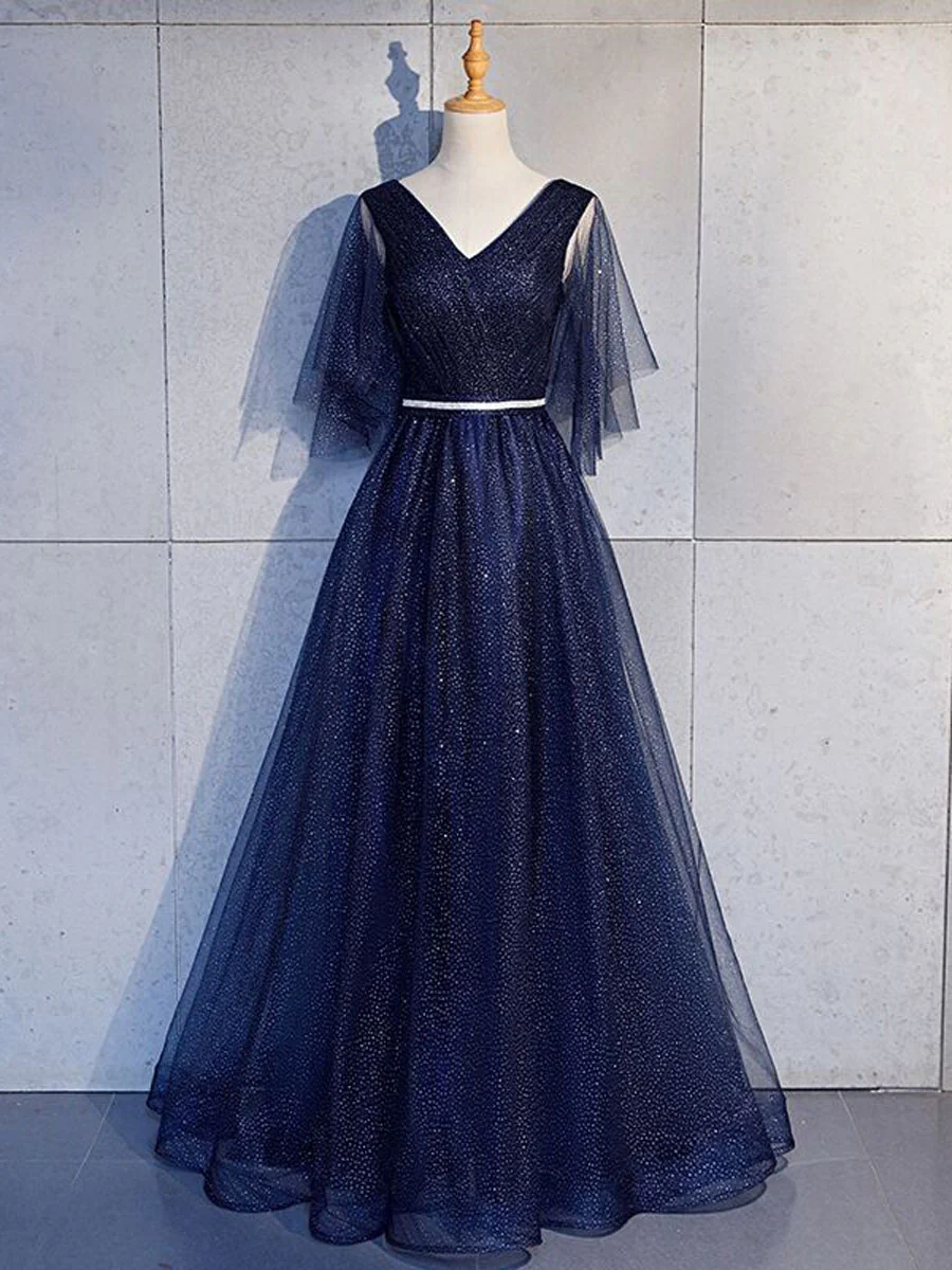 Simple V Neck Tulle Sequin Long Prom Dress, A line Tulle Evening Dresses - Deanwangkt
