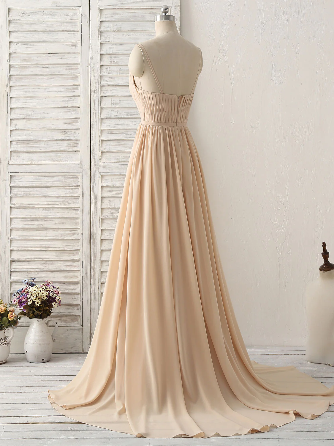 Simple Champagne Long Prom Dresses V Neck Chiffon Bridesmaid Dress - Deanwangkt