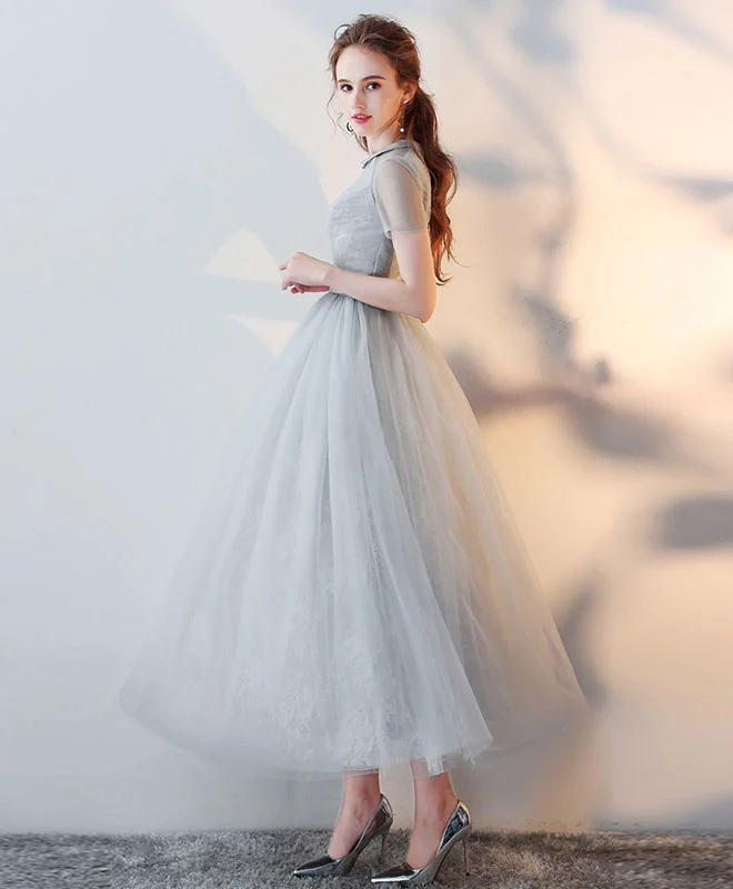 Gray High Neck Tulle Lace Prom Dress Tulle Lace Evening Dress - Deanwangkt
