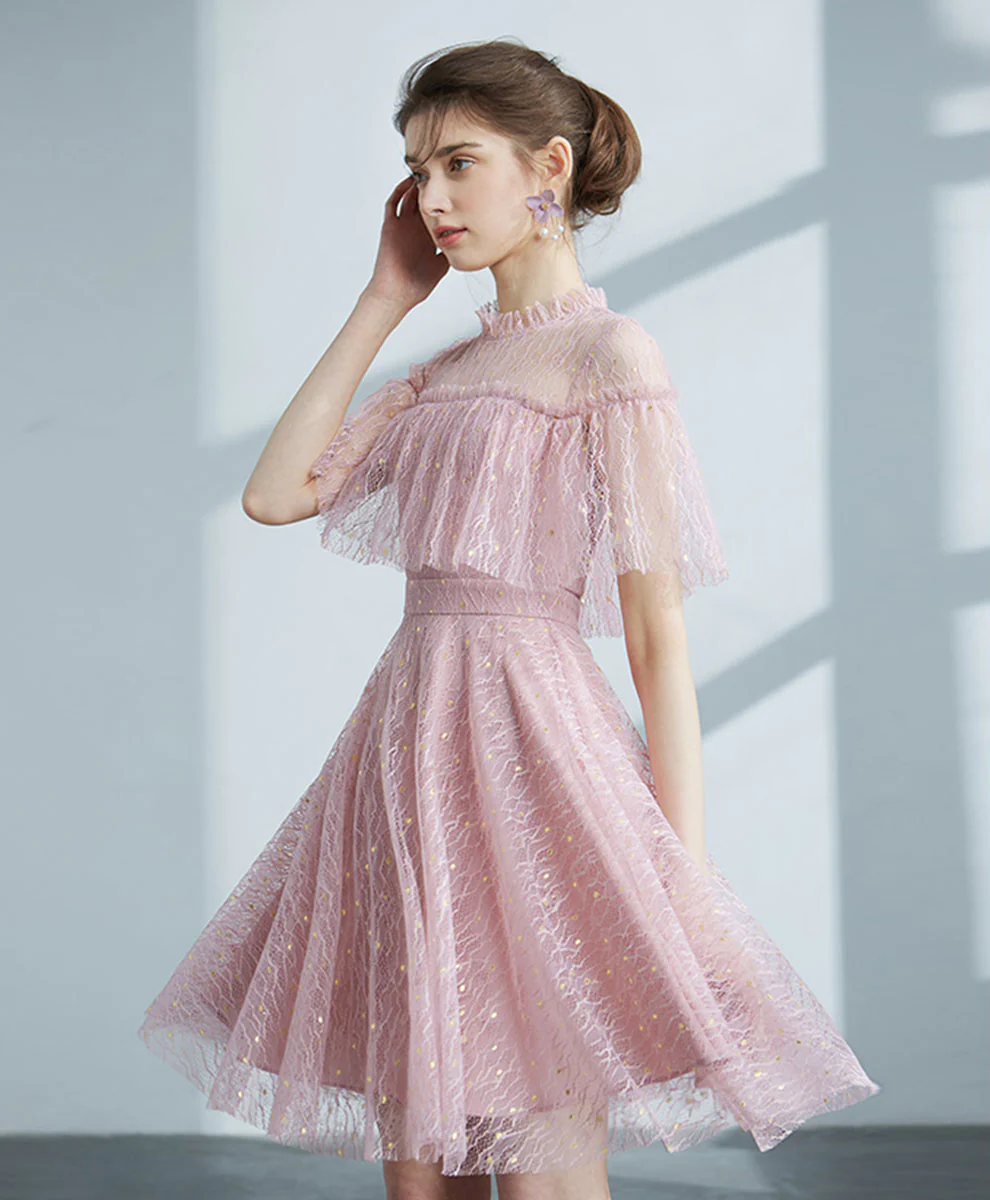 Pink Tulle Lace Short Prom Dress, Pink Homecoming Dress - Deanwangkt