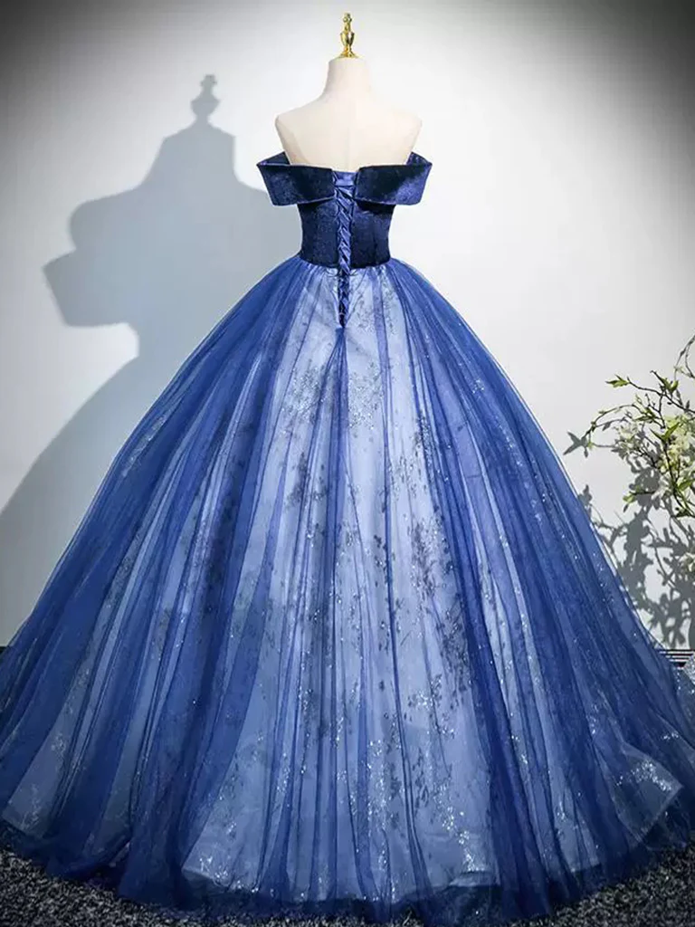 A-Line Off Shoulder Tulle Lace Blue Long Prom Dress, Blue Long Formal Dress - Deanwangkt