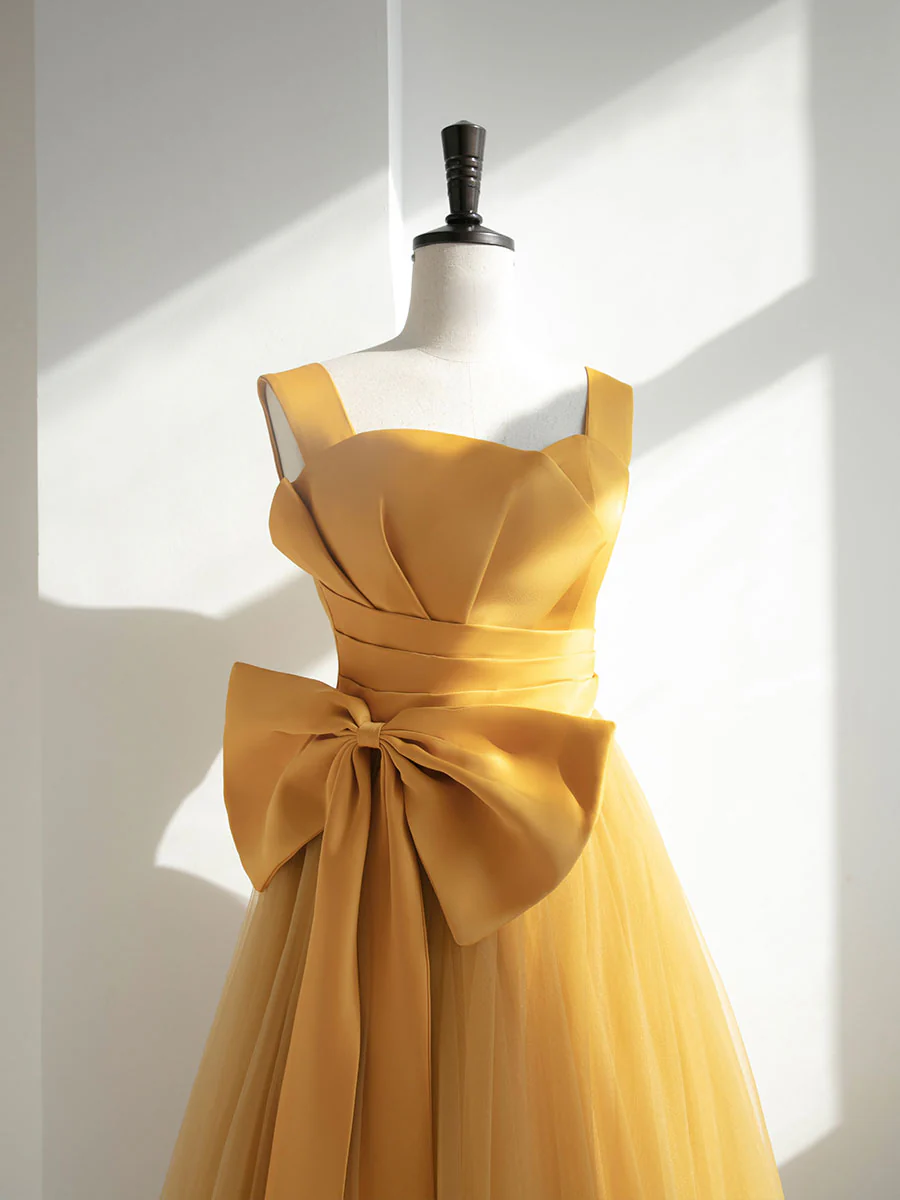 Simple Yellow Tulle Long Prom Dress, Yellow Formal Bridesmaid Dresses - Deanwangkt