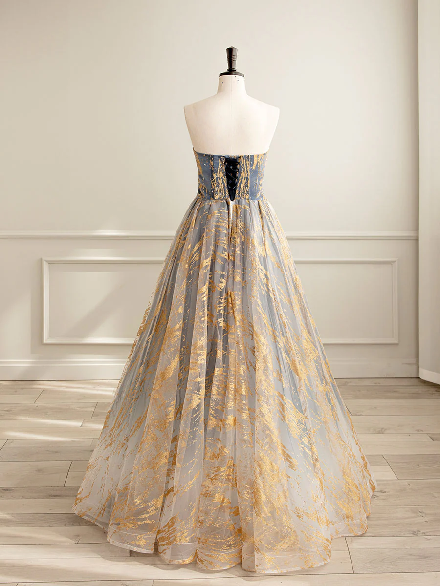 A-Line Tulle Gold/Blue Long Prom Dress, Blue Formal Evening Dress - Deanwangkt