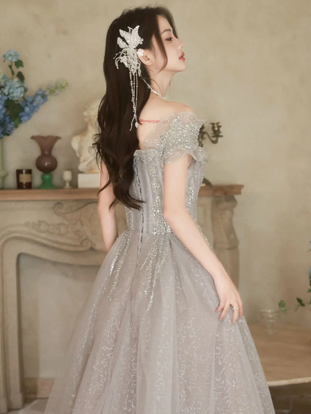 A-Line Off Shoulder Tulle Sequin Gray Long Prom Dress, Gray Formal Dress - Deanwangkt