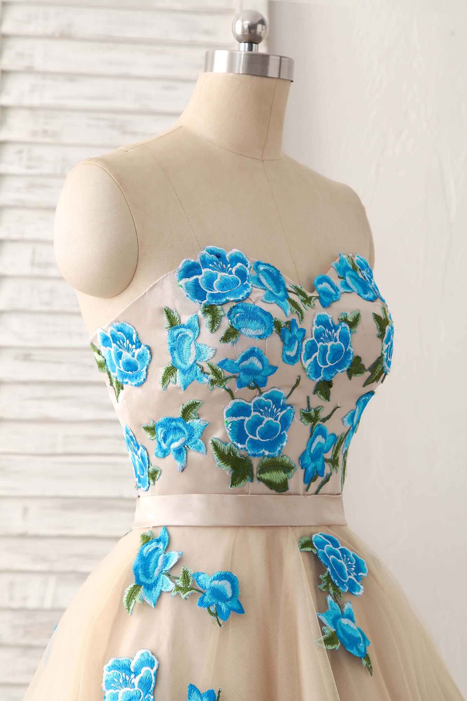 Champagne Tulle Lace Applique Long Prom Dress, Champagne Evening Dress - Deanwangkt