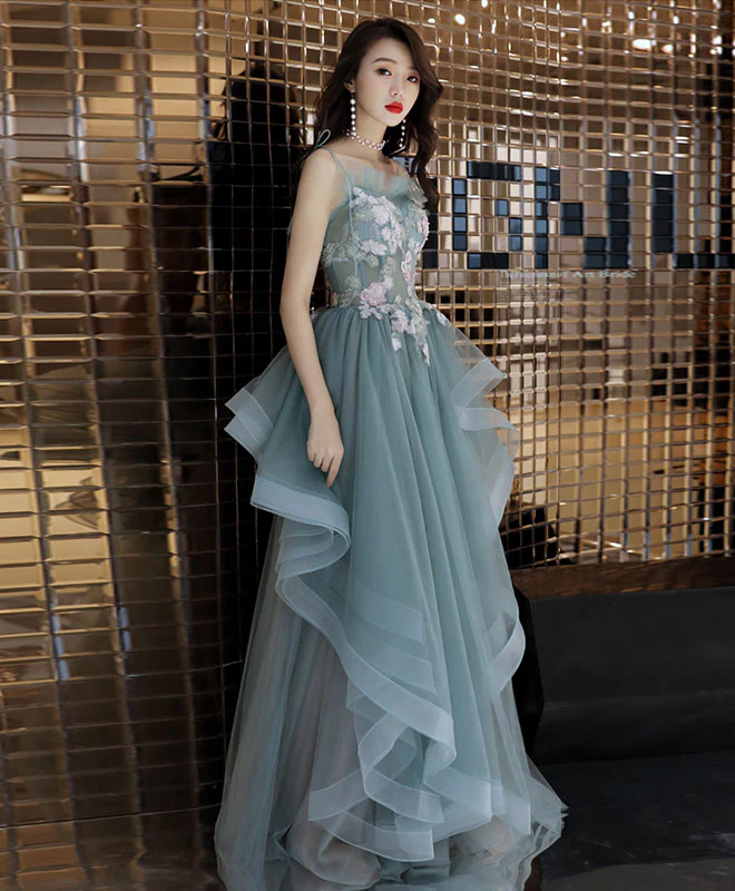 Green Tulle Lace Long Prom Dress, Green Tulle Lace Evening Dress - Deanwangkt