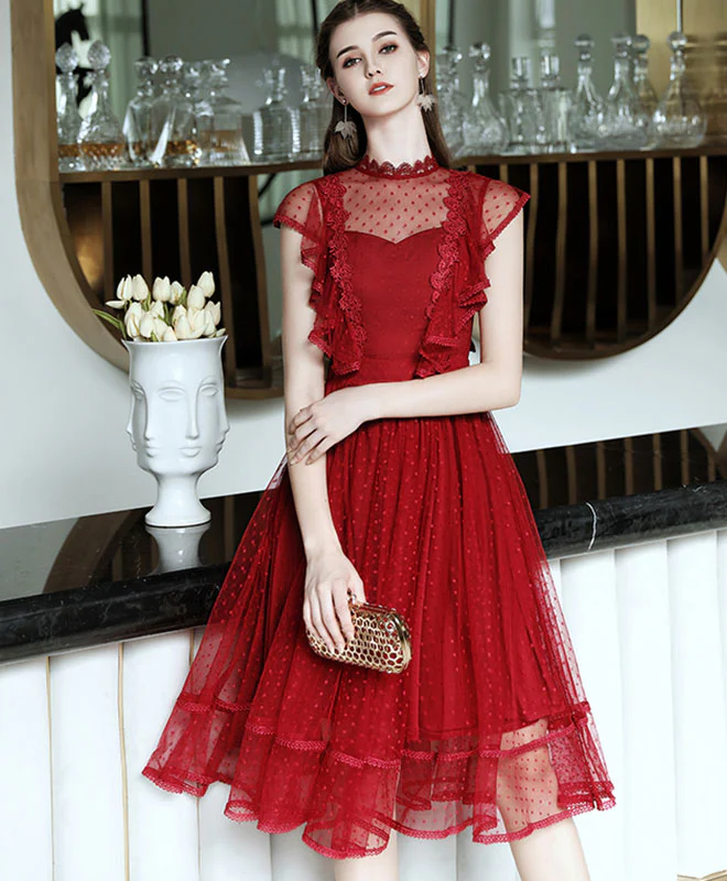 Burgundy Tulle Lace Short Prom Dress, Homecoming Dress - Deanwangkt