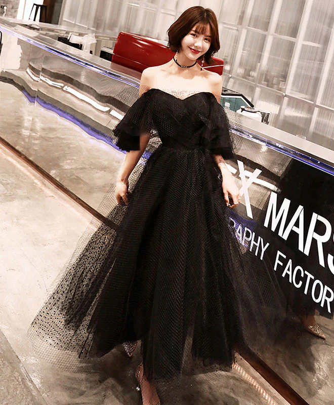 Black Tulle Tea Length Prom Dress, Black Evening Dress - Deanwangkt