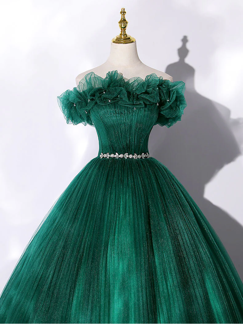 Green Off Shoulder Tulle Long Prom Dress, Green Sweet 16 Dress - Deanwangkt