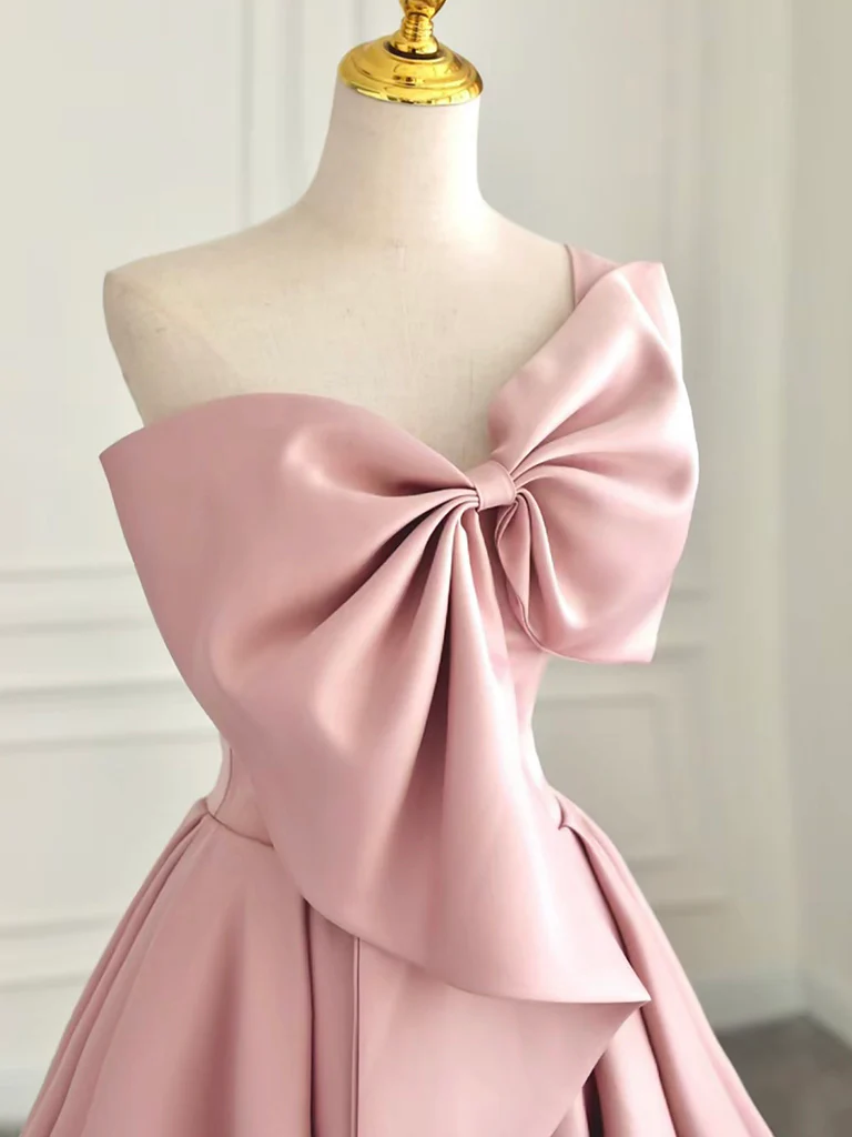 A-Line Sweetheart Neck Satin Pink Long Prom Dress, Pink Long Evening Dress - Deanwangkt