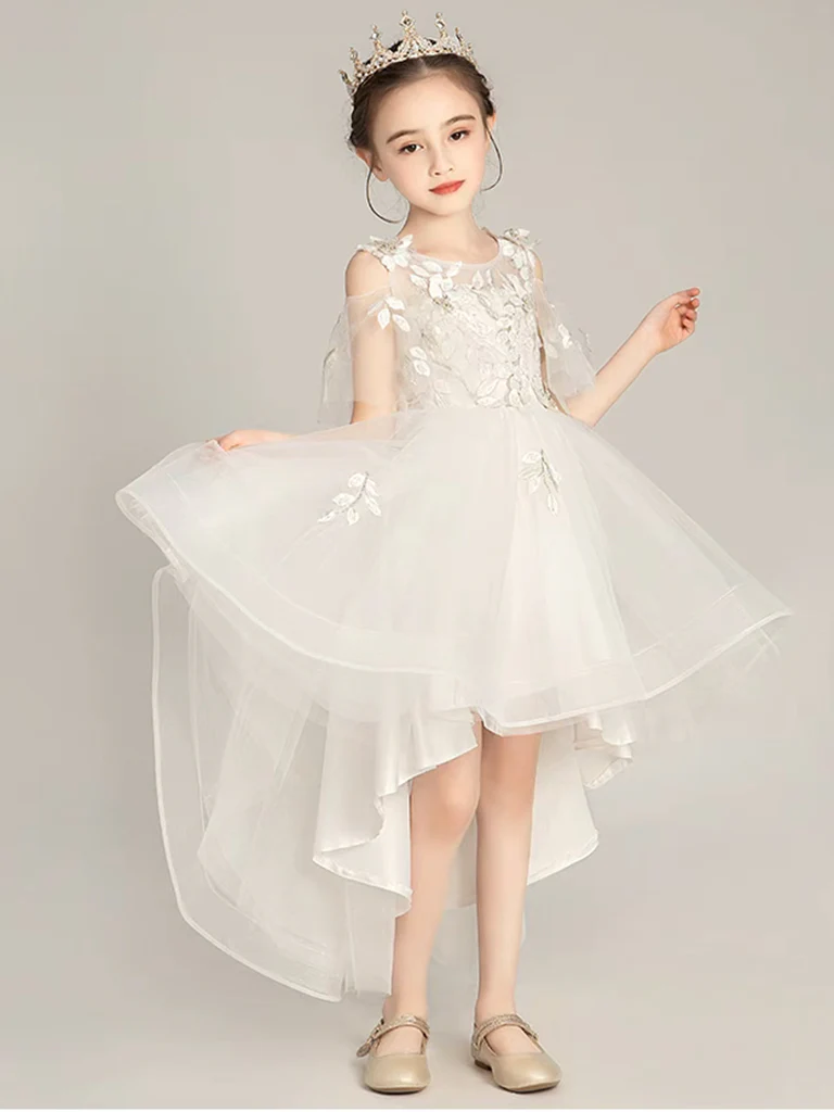 Beige Tulle Lace High Low Flower Girl Dress, Lace Girl Party Dress - Deanwangkt