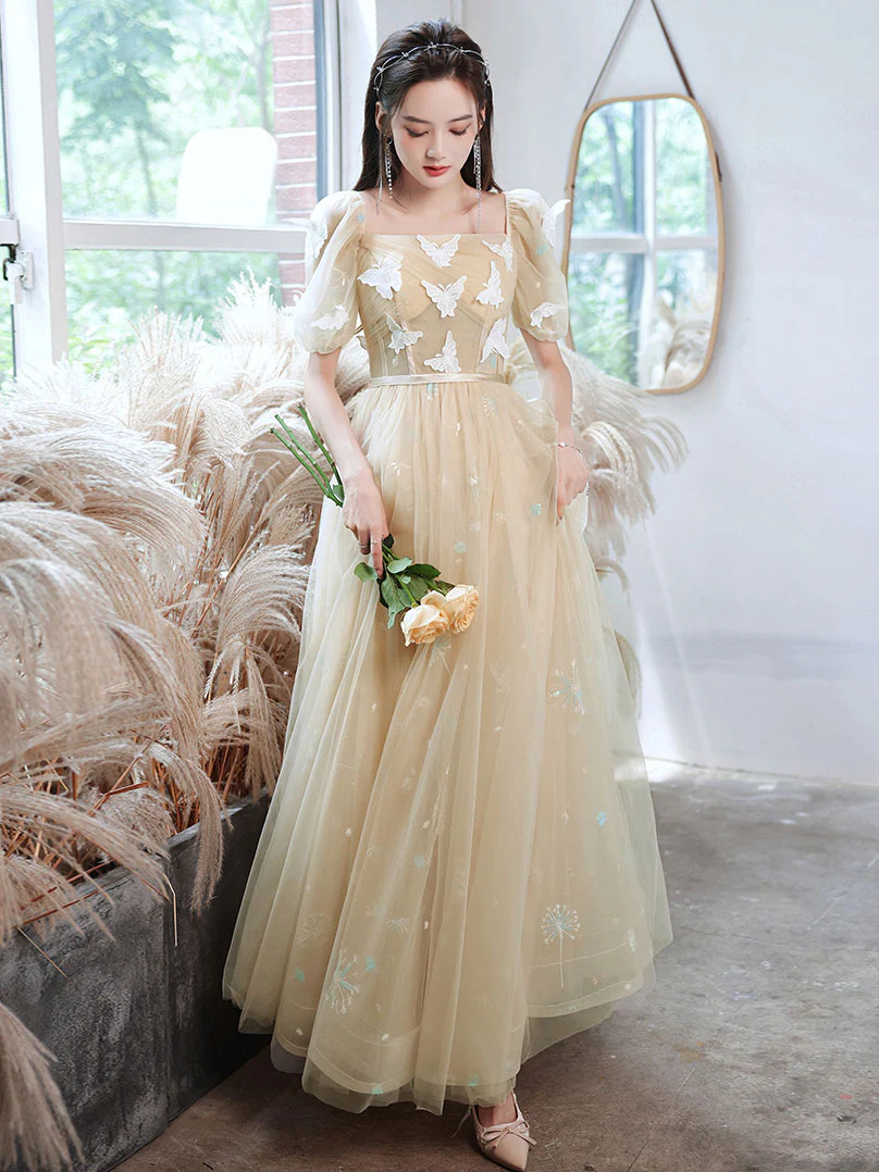 Champagne Tulle Lace Long Prom Dress, Champagne Tulle Formal Dress - Deanwangkt