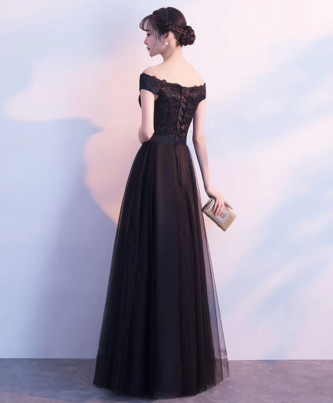 Black Lace Tulle Long Prom Dress, Lace Evening Dress - Deanwangkt
