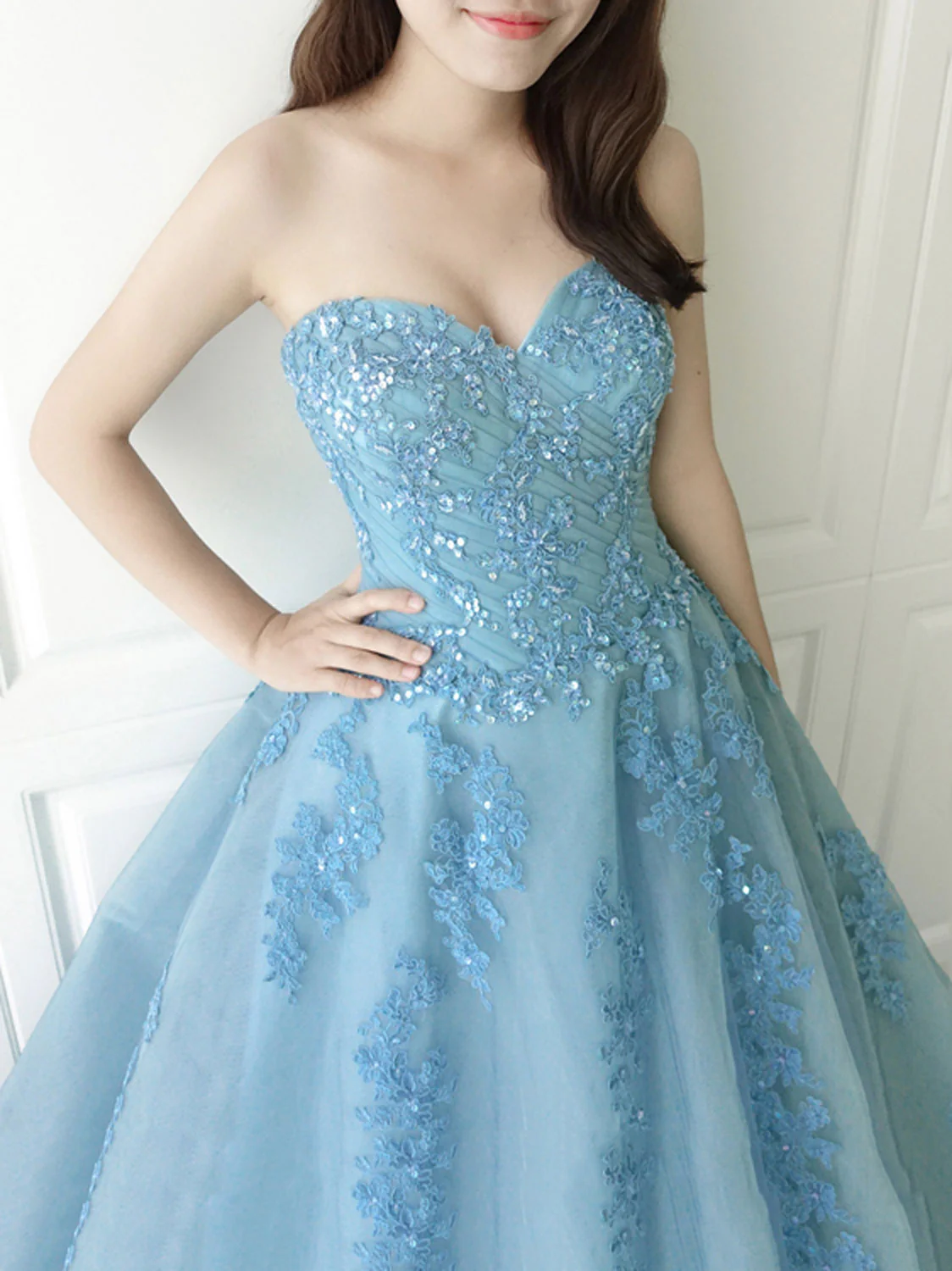 Blue Sweetheart Neck Tulle Lace Long Prom Dress, Blue Tulle Formal Dress - Deanwangkt
