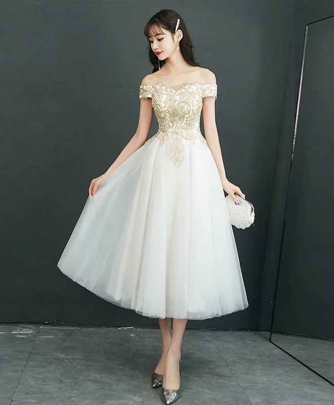 White Tulle Off Shoulder Short Prom Dress, Tulle Homecoming Dress - Deanwangkt