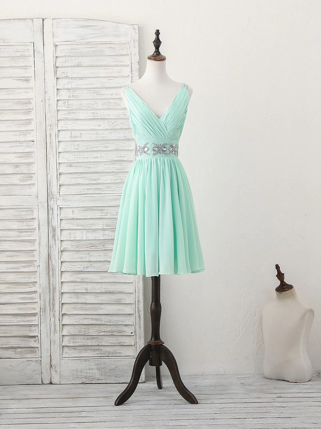 Green V Neck Chiffon Short Prom Dress, Green Homecoming Dress - Deanwangkt