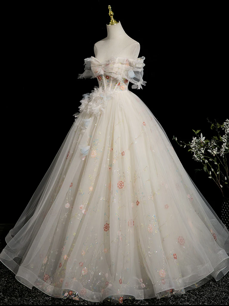 A-Line Sweetheart Neck Tulle Lace Light Champagne Long Prom Dress with Flower - Deanwangkt