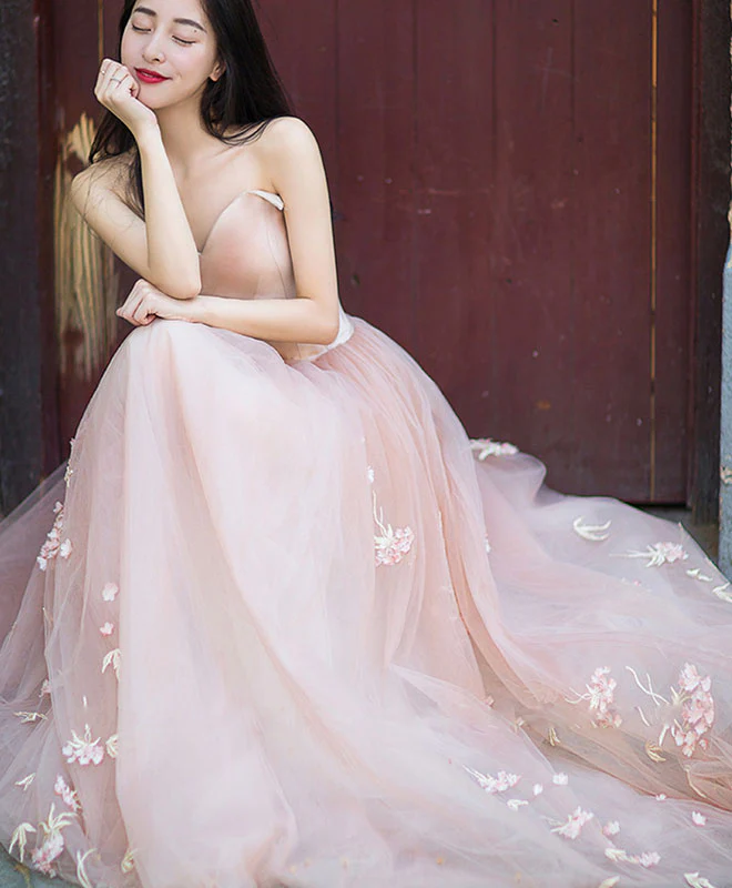 Simple Pink Tulle Long Prom Dress, Pink Tulle Formal Dress - Deanwangkt