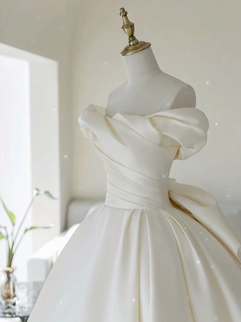 Simple Off Shoulder Satin ivory Long Wedding Dress - Deanwangkt