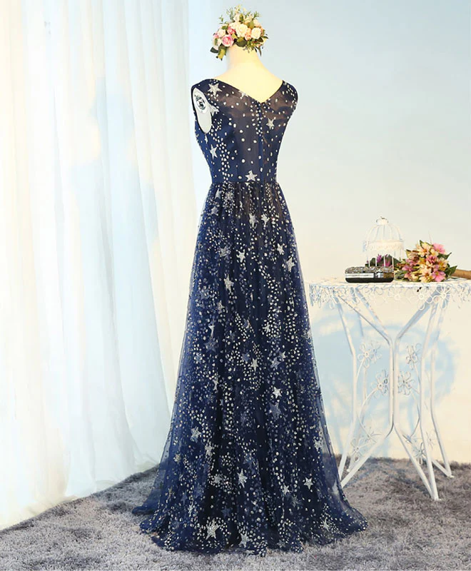 Blue V Neck Long Prom Dress, Blue Evening Dress - Deanwangkt