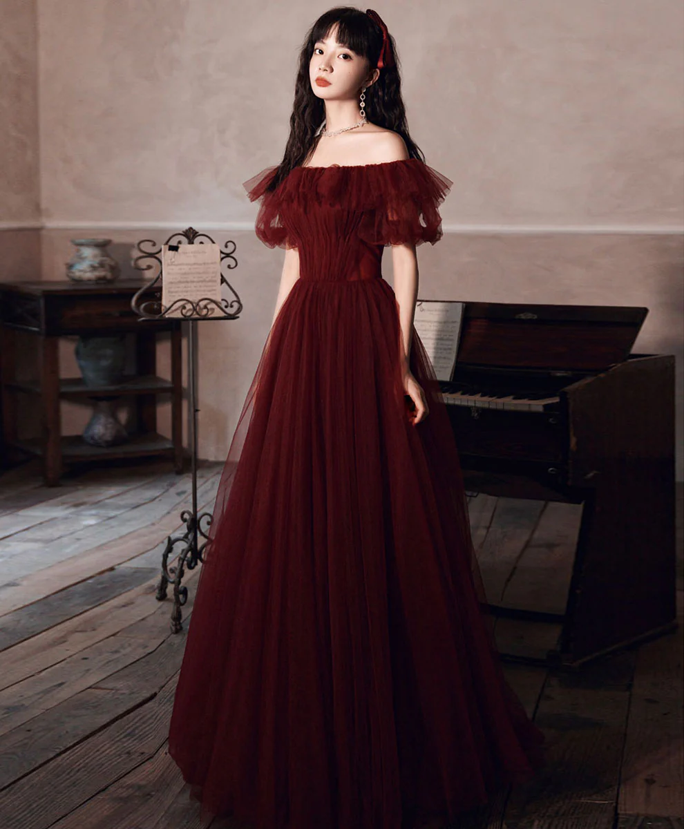 Simple Burgundy Off Shoulder Tulle Long Prom Dress Burgundy Evening Dress - Deanwangkt
