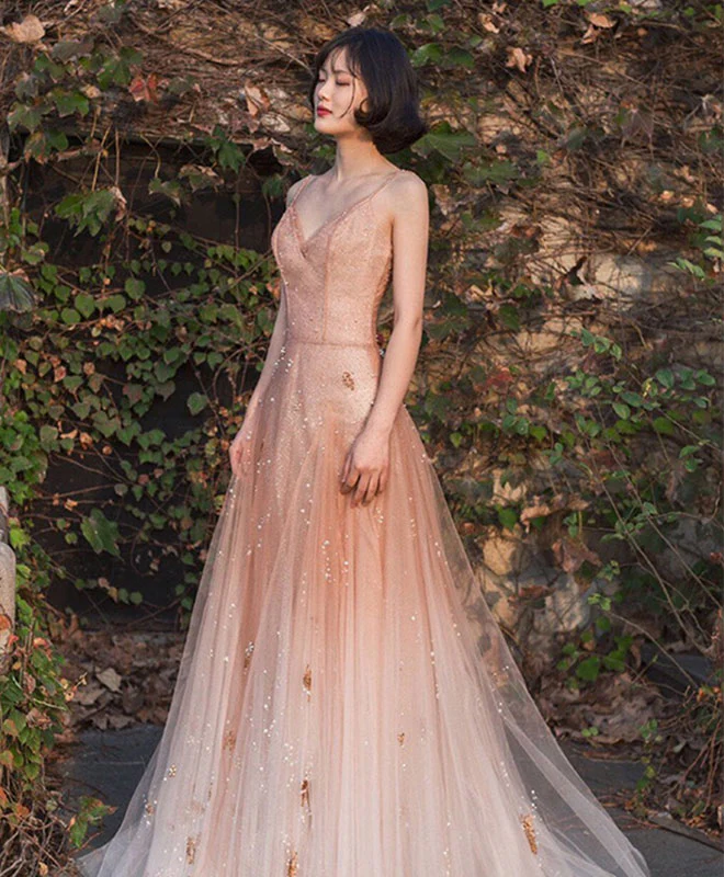 Unique Pink Tulle Long Prom Dress, Tulle Pink Evening Dress - Deanwangkt
