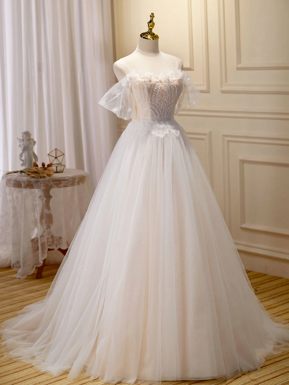 A Line Champagne Long Prom Dress, Lace Champagne Long Formal Dresses - Deanwangkt