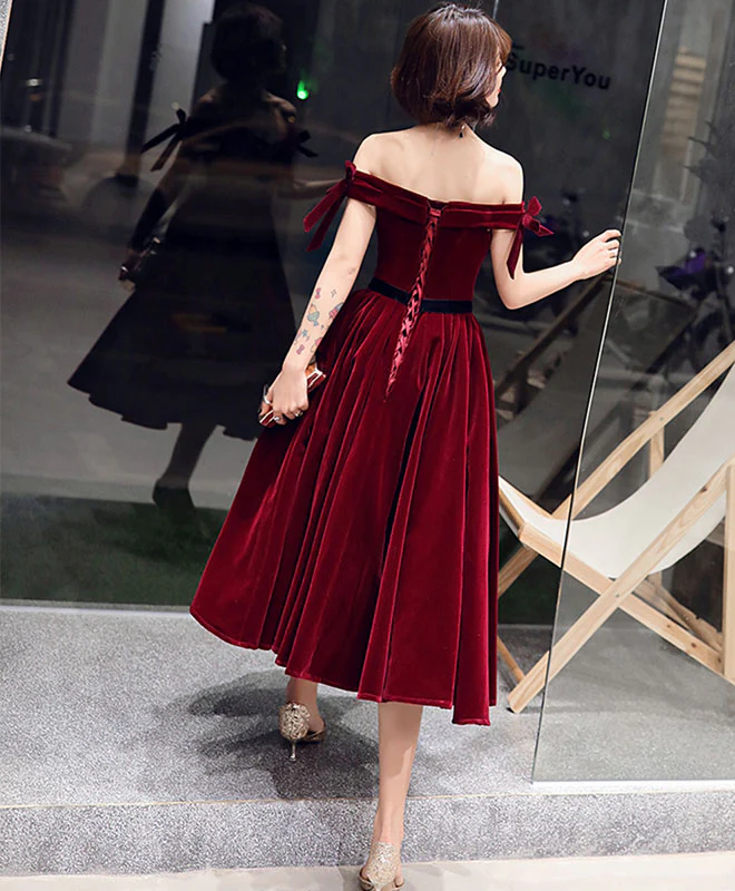 Velvet Off Shoulder Burgundy Prom Dresses, Velvet Homecoming Dresses - Deanwangkt