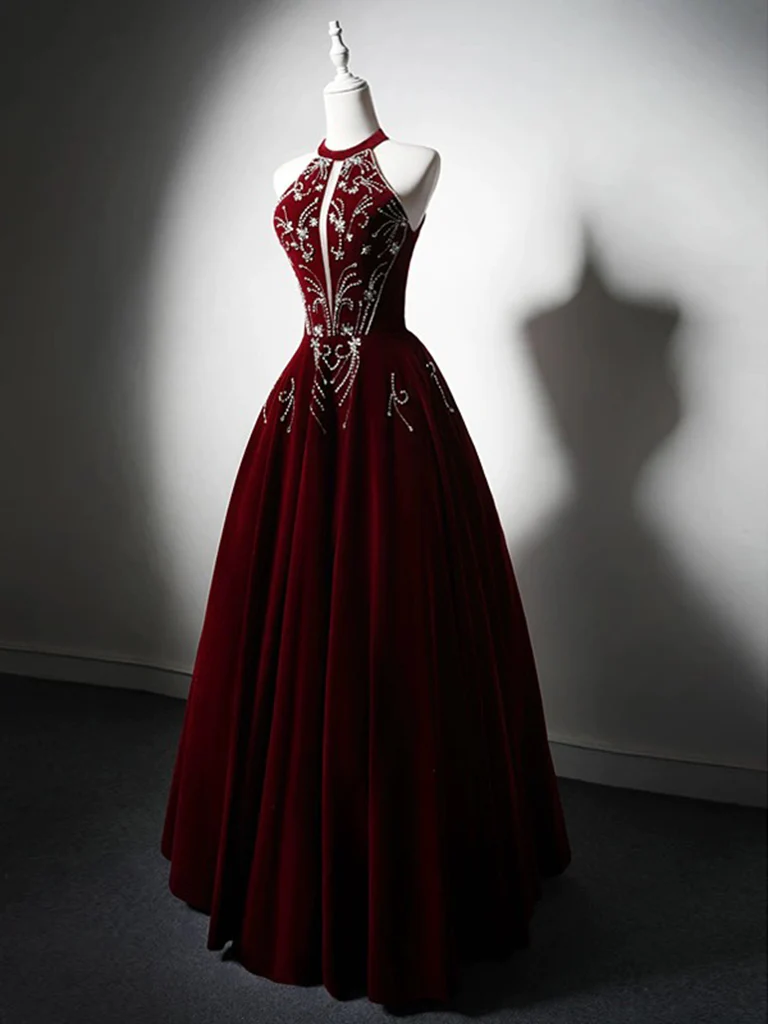 A-Line Velvet Sequin Beads Burgundy Long Prom Dress, Burgundy Long Formal Dress - Deanwangkt