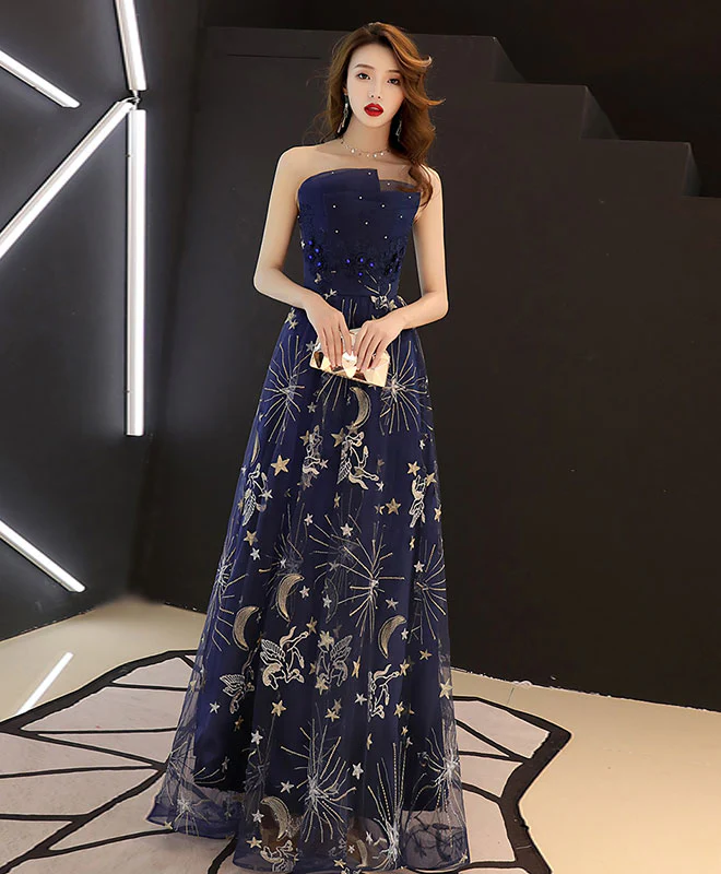 Dark Blue Tulle Lace Long Prom Dress, Blue Evening Dress - Deanwangkt