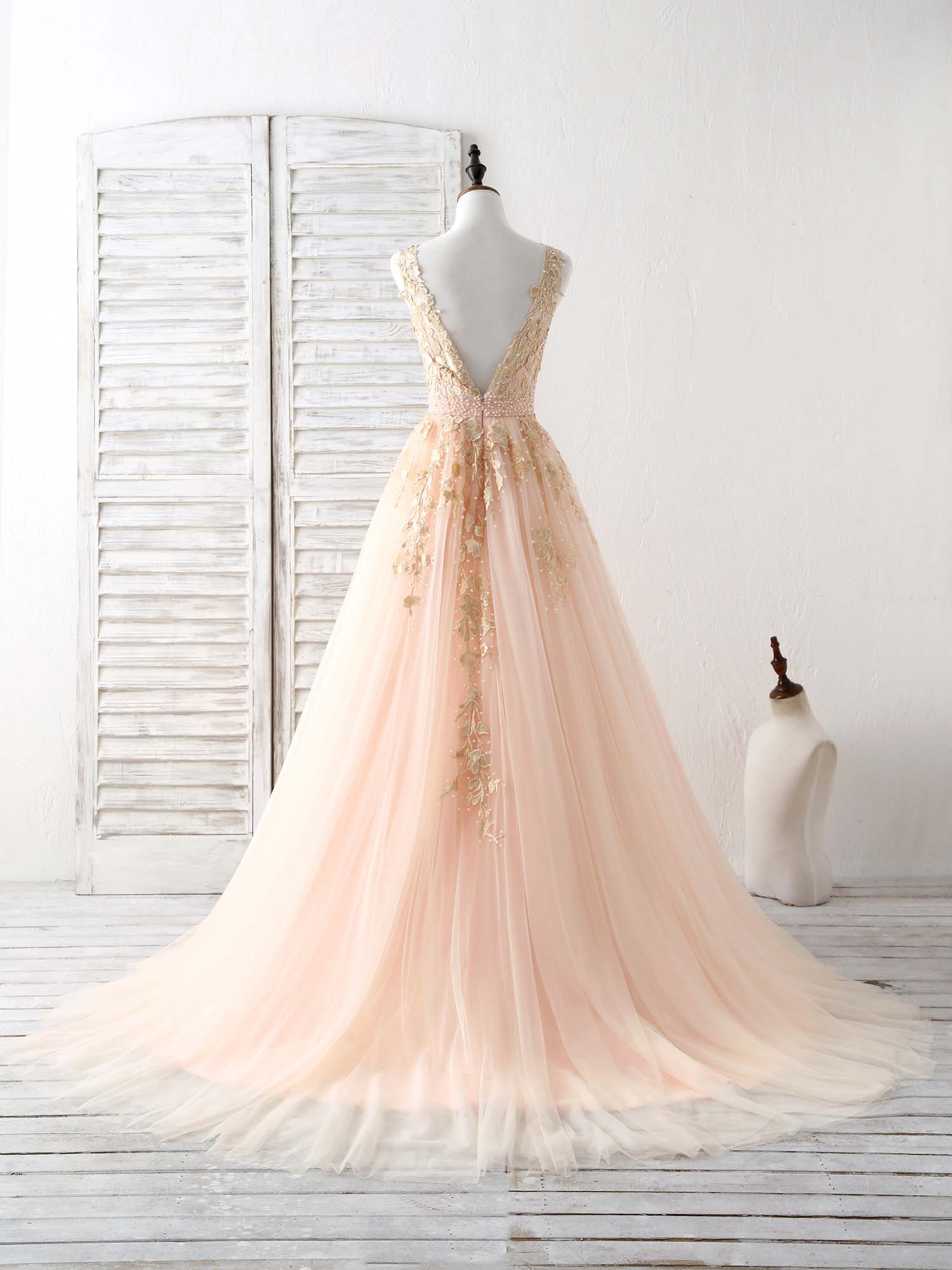 Unique V Neck Tulle Lace Applique Long Prom Dress, Evening Dress - Deanwangkt