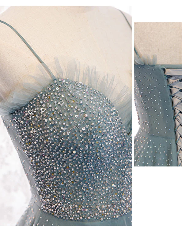 Green Sweetheart Neck Tulle Sequin Long Prom Dress Green Evening Dress - Deanwangkt