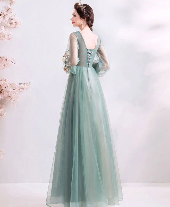 Green Round Neck Tulle Lace Long Prom Dress, Green Bridesmaid Dress - Deanwangkt