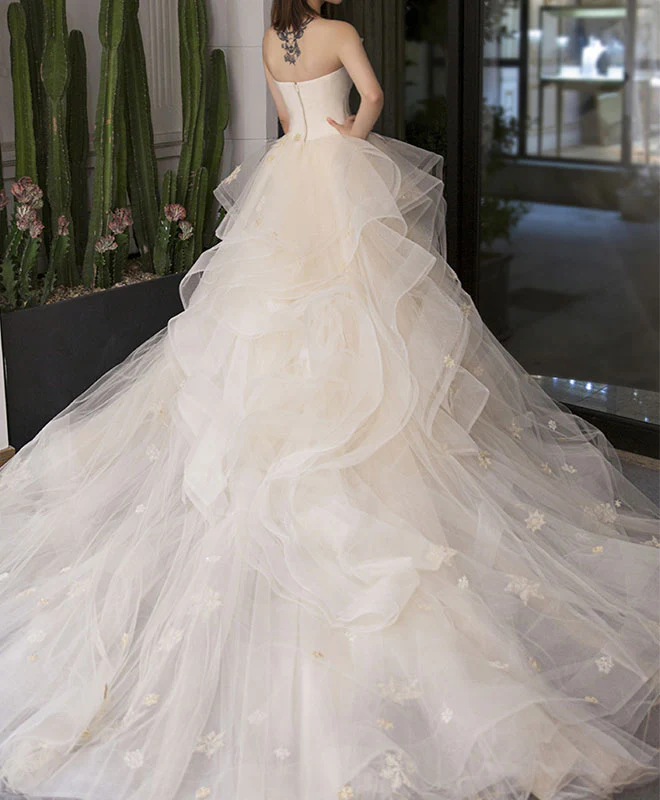 Light Champagne Tulle Long Wedding Dress, Champagne Bridal Dress - Deanwangkt