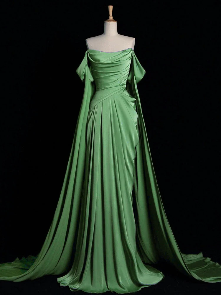 A-Line Off Shoulder Satin Green Long Prom Dress, Green Long Formal Dress - Deanwangkt