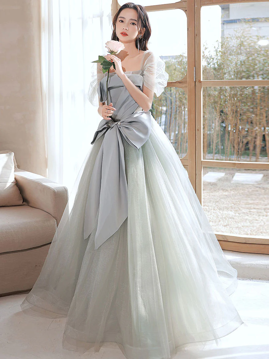 Gray Green Tulle Long Prom Dresses, Tulle Formal Graduation Dresses - Deanwangkt