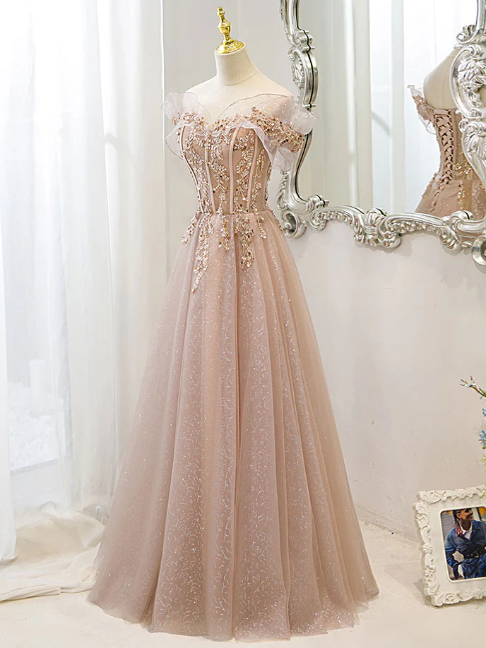 Champagne Tulle Lace A line Long Prom Dress, Lace Champagne Evening Dress - Deanwangkt