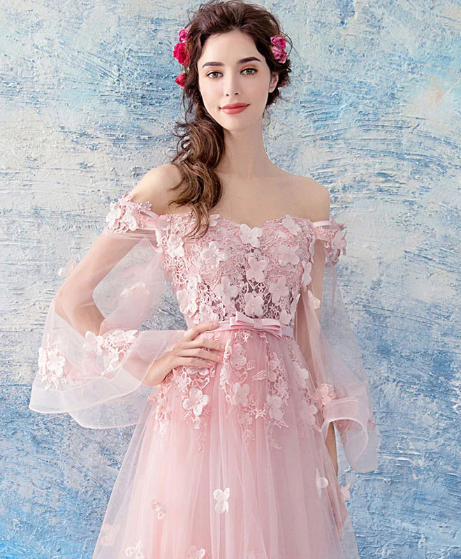 Pink Tulle Lace Long Prom Dress, Pink Evening Dress - Deanwangkt