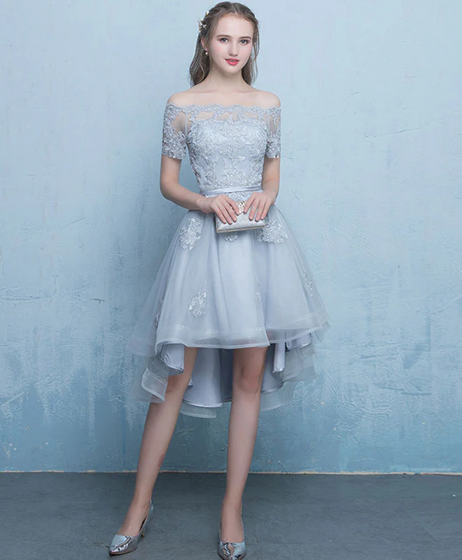 Dark Blue Lace Tulle Short Prom Dress, High Low Evening Dress - Deanwangkt