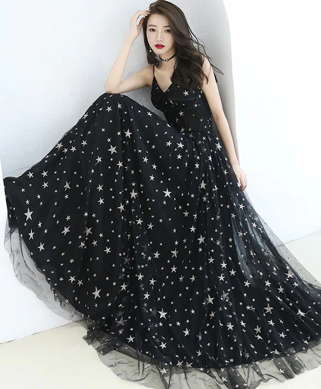 Black V Neck Tulle Long Prom Dress, Black Evening Dress - Deanwangkt