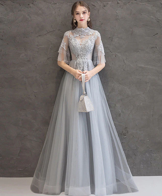 Gray Lace Tulle Long Prom Dress Gray Tulle Lace Formal Dress - Deanwangkt