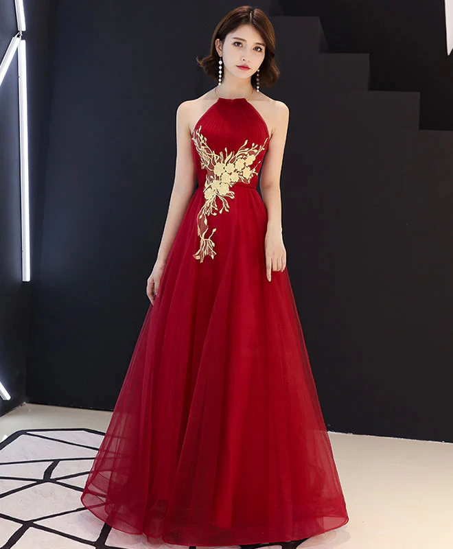 Burgundy Tulle Lace Long Prom Dress, Burgundy Tulle Evening Dress - Deanwangkt